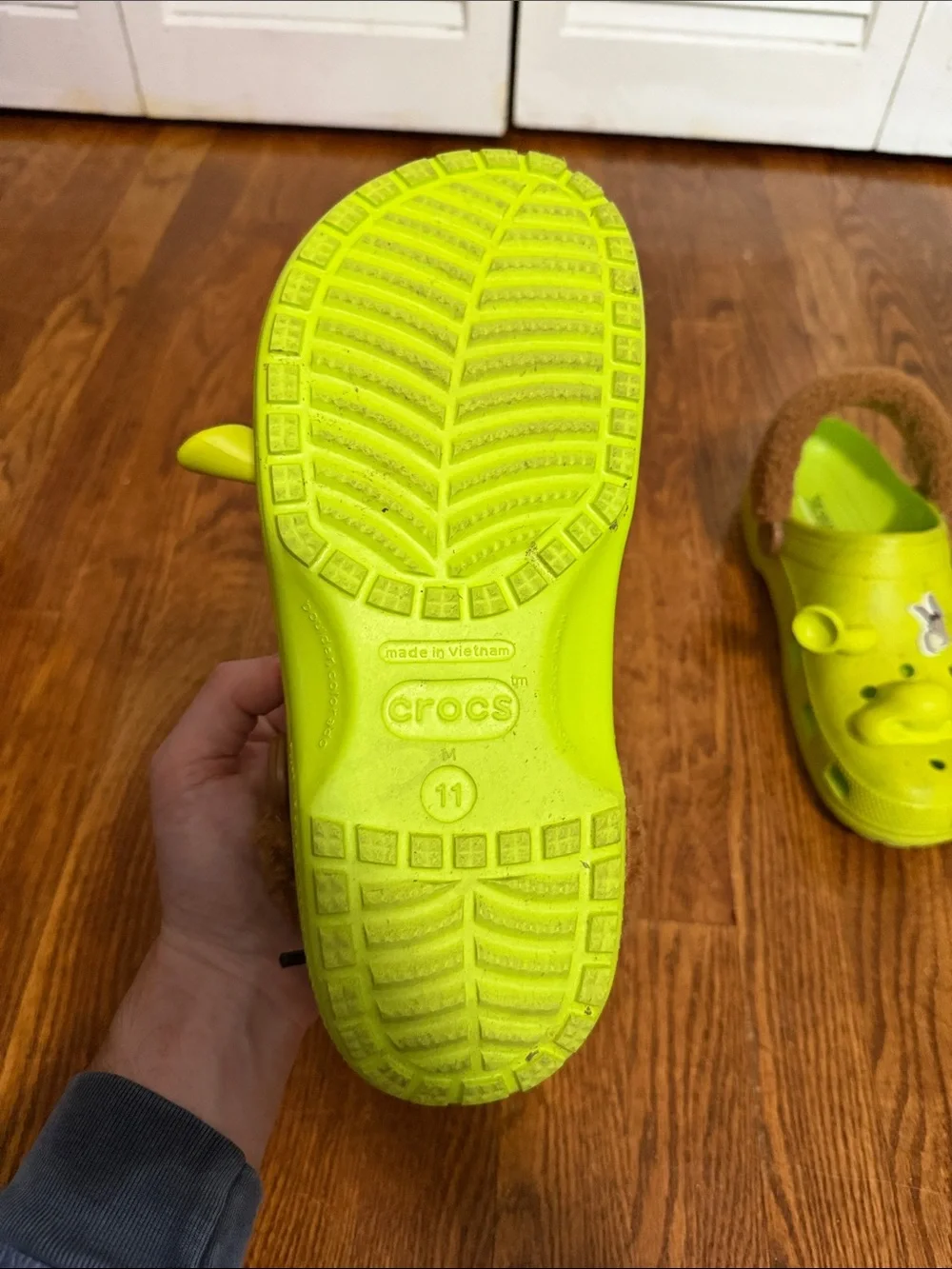 CROCS X Shrek Neon Lime Green Clog Sandals with Brown Fuzzy Heel Strap